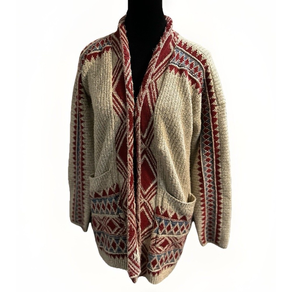 Lucky Brand Womens Small Beige Red Blue Cardigan Aztec Knit Boho Pockets